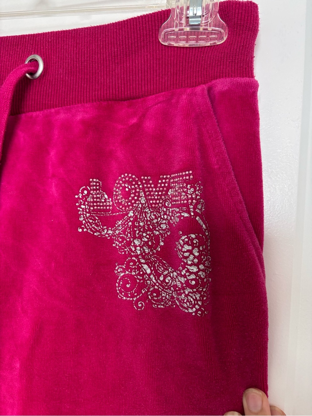 Vintage Y2K One Love Hot Pink Velour Rhinestone Hoodie Flare Pants Set Small XS - Picture 12 of 16
